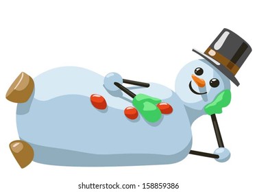 cartoon illustration of lying snowman with hat and mittens