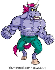 Cartoon illustration of mad raging unicorn. 