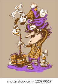 Cartoon  illustration of mad tea drinking