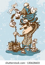 Cartoon illustration of mad tea drinking from wonderland