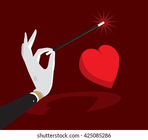 Cartoon illustration of magic wand enchanting heart