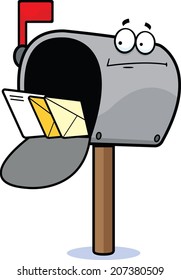 Cartoon illustration of a mailbox with a confused expression. 