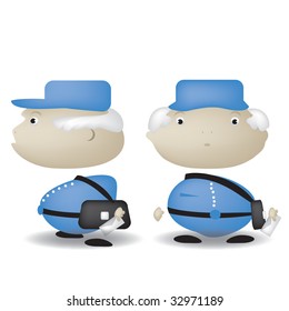 A cartoon illustration of a mailman front and side view