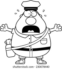 A cartoon illustration of a mailman looking scared.
