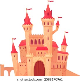 Cartoon illustration of a majestic fairytale castle with red roof, towers, flags, and a wooden gate, isolated on white background, perfect for children s books or fantasy projects