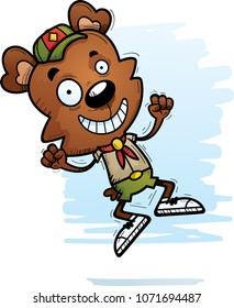 A cartoon illustration of a male bear scout jumping.