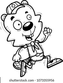 A cartoon illustration of a male beaver scout running.