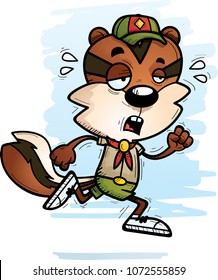 A cartoon illustration of a male chipmunk scout running and looking exhausted.