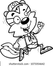 A cartoon illustration of a male chipmunk scout running.