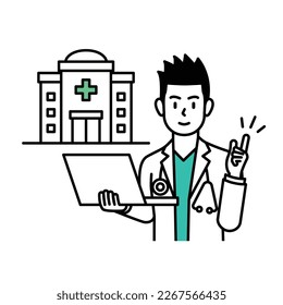 Cartoon illustration of a male doctor explaining and briefing on health care and health care in the background of a hospital.