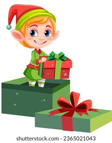 A cartoon illustration of a male elf standing in a gift box, holding a present