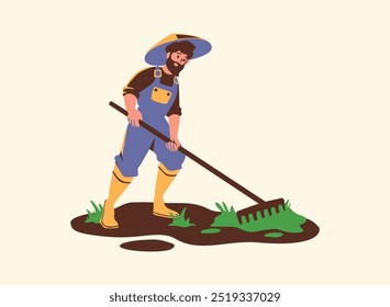 A cartoon illustration of a male farmer plowing a field with a hand tool. He is wearing a hat and overalls and has a determined expression