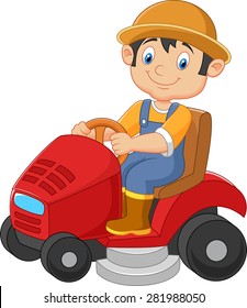 Cartoon Illustration Of Male Gardener Riding Mowing With Ride-on Lawn Mower 