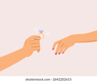 Cartoon illustration of a male hand offering a wedding ring to a female hand. Drawing for romance, proposal and love concepts