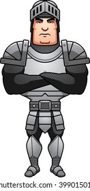 A cartoon illustration of a male knight with arms crossed.