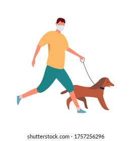 
Cartoon illustration of a male in mask with a dog running on a white background. a young man observes quarantine and walks a dog. Flat isolated vector icon. Caring for animals.