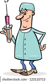 Cartoon Illustration of Male Medical Doctor or Surgeon with Syringe