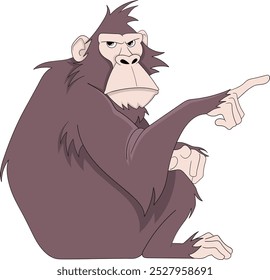 Ilustração em quadrinhos de um macaco sentado apontando o dedo com uma expressão severa e focada