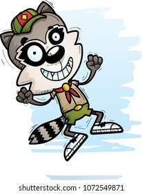 A cartoon illustration of a male raccoon scout jumping.