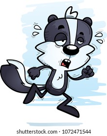 A cartoon illustration of a male skunk running and looking exhausted.