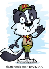 A cartoon illustration of a male skunk scout waving.