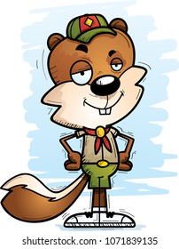 A cartoon illustration of a male squirrel scout looking confident.