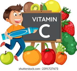 Cartoon illustration of a male student surrounded by vitamin C-rich food