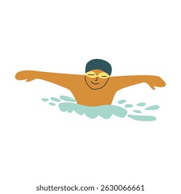 Cartoon illustration of male swimmer in action with goggles and swim cap.