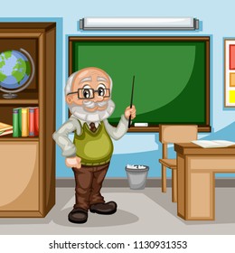 Cartoon Illustration of a Male Teacher in Classroom. Old Wise Man Standing in front of Chalkboard. Classroom Interior. Back to School Vector Illustration