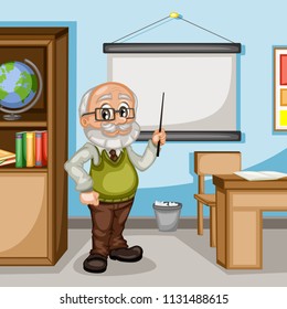 Cartoon Illustration of a Male Teacher in Classroom. Old Wise Man Standing in front of Chalkboard. Classroom Interior. Back to School Vector Illustration