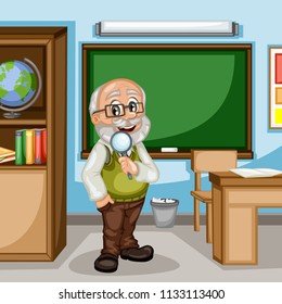 Cartoon Illustration of a Male Teacher in Classroom. Old Wise Man Standing in front of Chalkboard. Classroom Interior. Back to School Vector Illustration