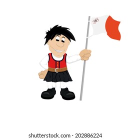 Cartoon illustration of a Maltese boy in traditional dress holding the flag of Malta