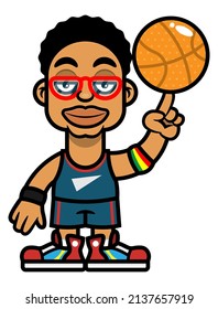 Cartoon Illustration Of Man With Afro Hairstyle Wearing Glasses And Basketball Jersey, Play Juggling Basketballs, Best For Mascot, Logo, And Sticker With Basketball Competition Themes