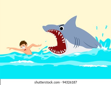 Cartoon illustration of a man avoiding shark attacks