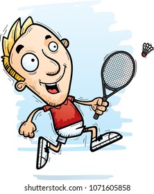 A cartoon illustration of a man badminton player running.