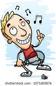 A cartoon illustration of a man badminton player dancing.