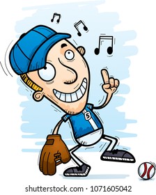 A cartoon illustration of a man baseball player dancing.