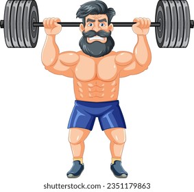 A cartoon illustration of a man with a beard and mustache, lifting weights and showing off his muscular physique