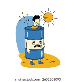 Ilustração em desenho animado de um homem em um barril de óleo azul com um rosto preocupado, em pé no chão amarelo, com um sol amarelo brilhando acima.