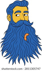 A cartoon illustration of a man with a bright blue, wavy beard and yellow skin. A small orange object is visible within the beard.
