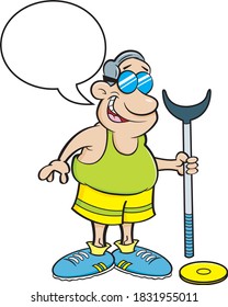 Cartoon illustration of a man with a caption balloon holding shuffleboard equipment.