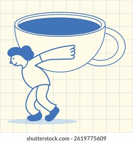 Cartoon illustration of a man carrying a huge coffee cup, a heavy burden concept, graphic elements for advertising, branding, posters and banners, funny cartoon illustration with character and mascot