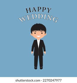Cartoon illustration of a man celebrating his wedding day. Suitable for any content about the celebration of the wedding day. Vector graphics happy wedding. 