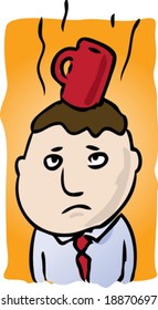 Cartoon illustration of man with coffee on head