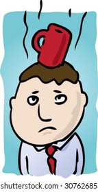 Cartoon illustration of man with coffee on head