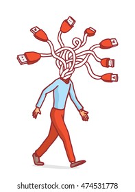 Cartoon illustration of man connecting head or usb network