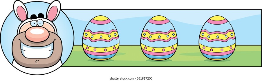 A cartoon illustration of a man dressed as the Easter Bunny in an Easter themed graphic.