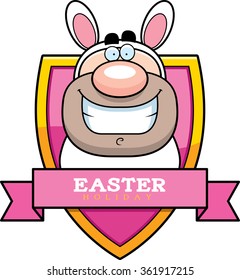 A cartoon illustration of a man dressed as the Easter Bunny in an Easter themed graphic.