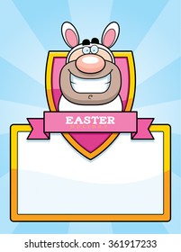 A cartoon illustration of a man dressed as the Easter Bunny in an Easter themed graphic.