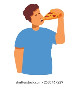 Cartoon illustration of a man enjoying eating a slice of pizza with closed eyes